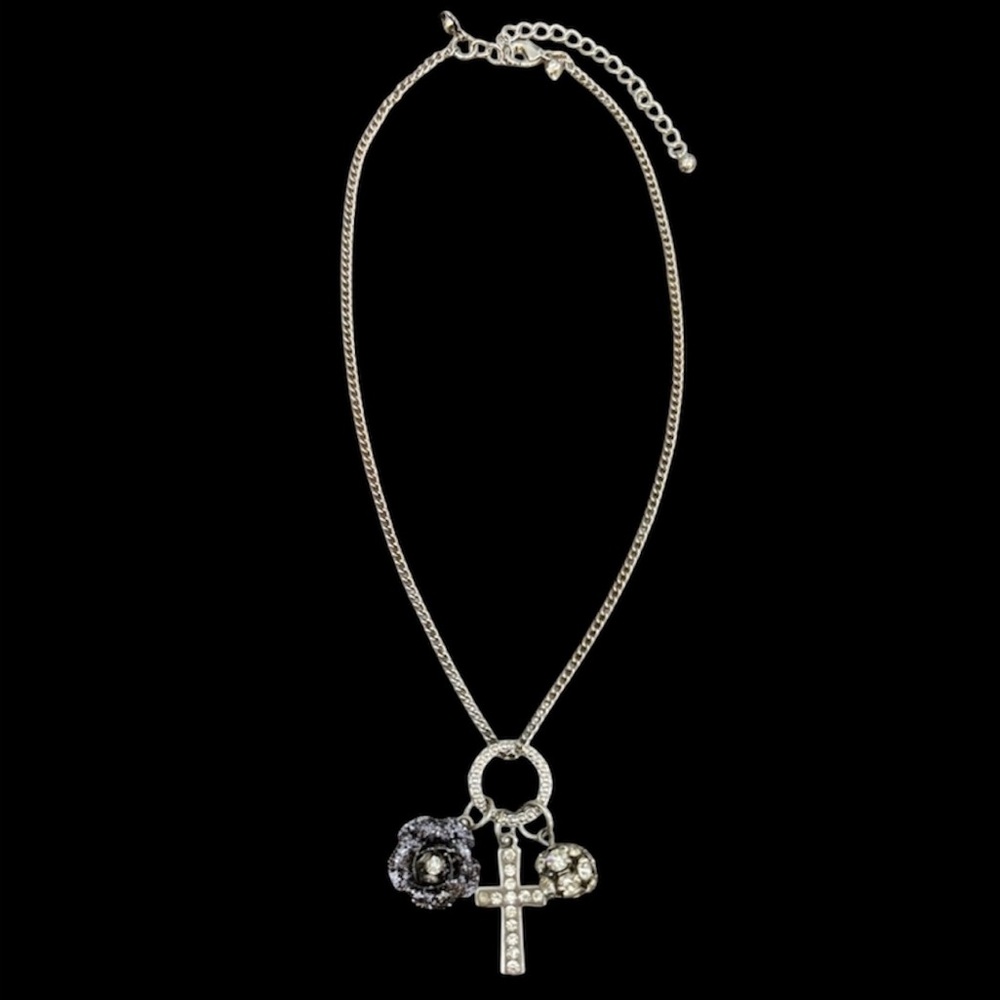 Vintage Cross Necklace Enamel Flower Beaded Ball Crystal Charms Silver Chain - Picture 2 of 12